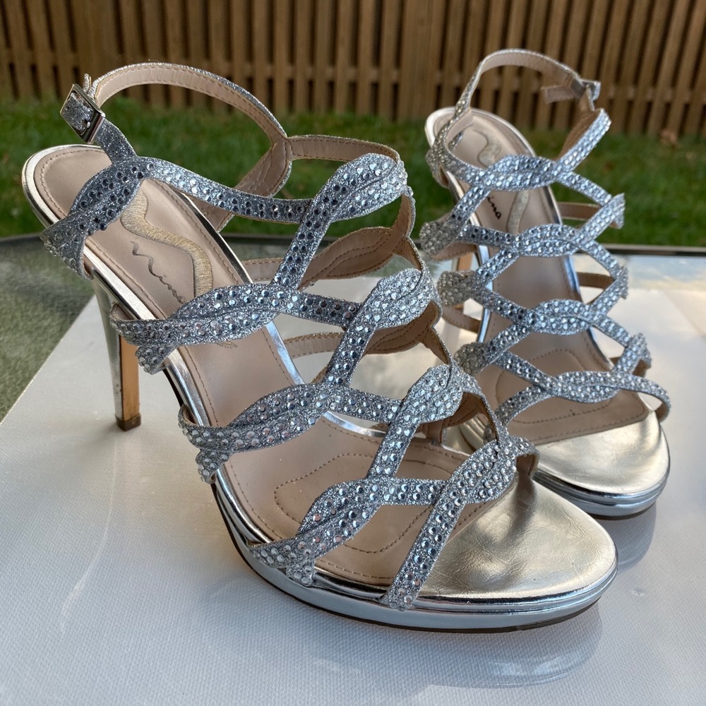 Strappy Silver Sparkle Heeled Dress Sandals Sz 9